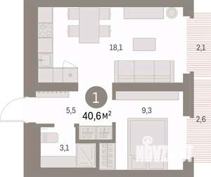 1-к квартира, вторичка, 41м2, 5/9 этаж
