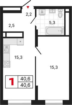 1-к квартира, строящийся дом, 41м2, 19/25 этаж