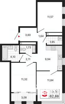3-к квартира, вторичка, 63м2, 15/25 этаж