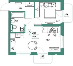 2-к квартира, вторичка, 43м2, 5/24 этаж