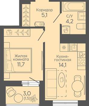 1-к квартира, вторичка, 37м2, 9/16 этаж