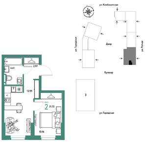 2-к квартира, строящийся дом, 32м2, 2/24 этаж