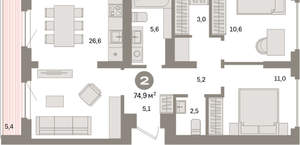 2-к квартира, вторичка, 75м2, 8/16 этаж