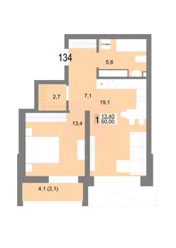1-к квартира, вторичка, 50м2, 21/25 этаж