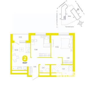 2-к квартира, вторичка, 60м2, 1/24 этаж