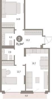 2-к квартира, вторичка, 71м2, 3/9 этаж