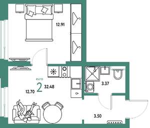 2-к квартира, строящийся дом, 32м2, 14/25 этаж