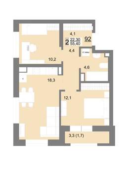 2-к квартира, вторичка, 55м2, 12/26 этаж