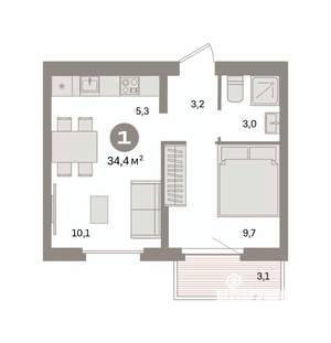 1-к квартира, вторичка, 34м2, 9/9 этаж