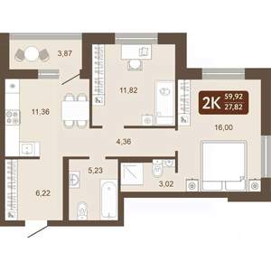 2-к квартира, вторичка, 60м2, 22/24 этаж