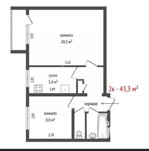 2-к квартира, вторичка, 43м2, 9/9 этаж
