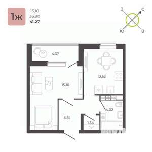 1-к квартира, строящийся дом, 41м2, 18/23 этаж