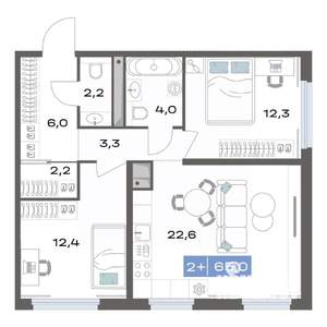 2-к квартира, строящийся дом, 65м2, 4/17 этаж
