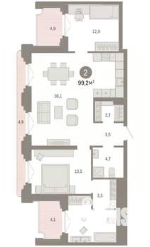 2-к квартира, вторичка, 99м2, 2/9 этаж