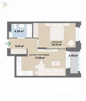 1-к квартира, вторичка, 44м2, 4/9 этаж