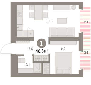 1-к квартира, вторичка, 42м2, 6/9 этаж