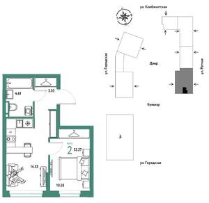 2-к квартира, строящийся дом, 32м2, 12/24 этаж