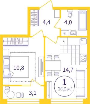 1-к квартира, вторичка, 35м2, 8/8 этаж