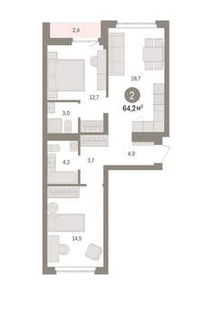 2-к квартира, вторичка, 64м2, 3/16 этаж