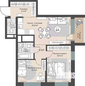 2-к квартира, вторичка, 65м2, 24/30 этаж