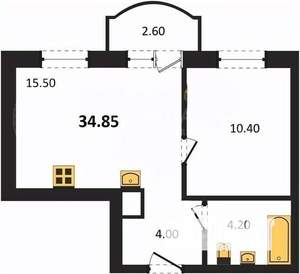 1-к квартира, строящийся дом, 35м2, 3/8 этаж