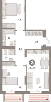 2-к квартира, вторичка, 73м2, 4/9 этаж