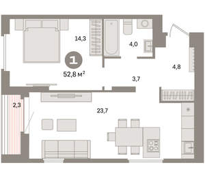 1-к квартира, вторичка, 53м2, 13/16 этаж