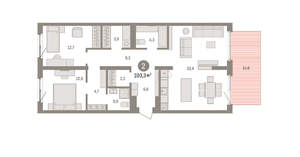 2-к квартира, вторичка, 103м2, 2/15 этаж