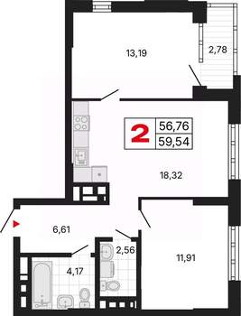 2-к квартира, вторичка, 60м2, 18/30 этаж