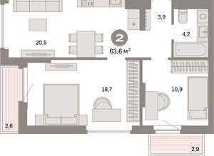 2-к квартира, вторичка, 64м2, 5/16 этаж