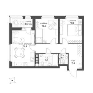 2-к квартира, строящийся дом, 54м2, 12/16 этаж