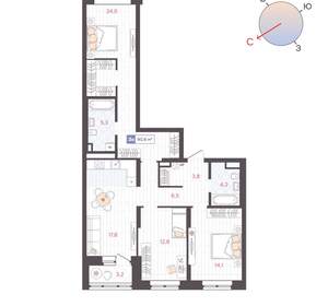 3-к квартира, вторичка, 91м2, 10/25 этаж