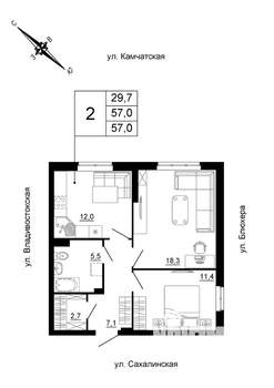 2-к квартира, строящийся дом, 57м2, 2/24 этаж
