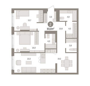 2-к квартира, вторичка, 94м2, 2/25 этаж