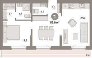 1-к квартира, вторичка, 57м2, 8/9 этаж