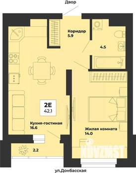 2-к квартира, строящийся дом, 42м2, 2/25 этаж
