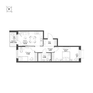 2-к квартира, строящийся дом, 58м2, 13/25 этаж
