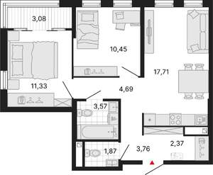 2-к квартира, вторичка, 57м2, 23/25 этаж