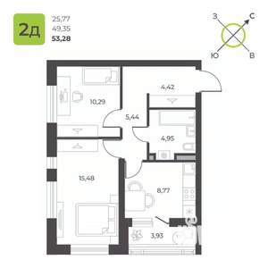 2-к квартира, строящийся дом, 53м2, 8/23 этаж