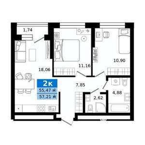 2-к квартира, строящийся дом, 57м2, 12/27 этаж