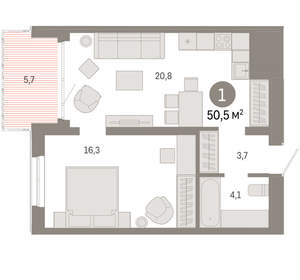 1-к квартира, вторичка, 51м2, 13/24 этаж