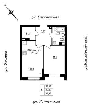 1-к квартира, строящийся дом, 37м2, 12/25 этаж