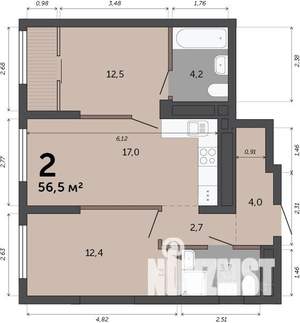 2-к квартира, строящийся дом, 57м2, 4/23 этаж