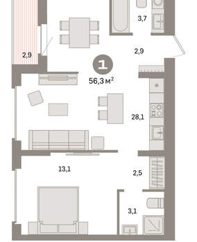 1-к квартира, вторичка, 56м2, 8/9 этаж