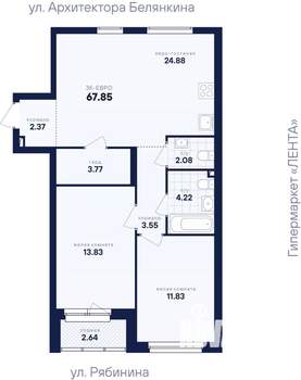 2-к квартира, вторичка, 68м2, 5/26 этаж
