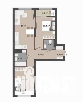 2-к квартира, вторичка, 63м2, 6/12 этаж