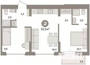 2-к квартира, вторичка, 52м2, 3/16 этаж
