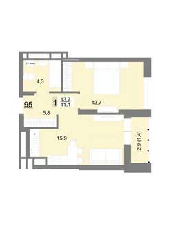 1-к квартира, строящийся дом, 41м2, 15/23 этаж