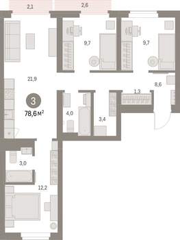 3-к квартира, вторичка, 79м2, 6/9 этаж