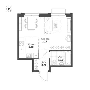 Студия квартира, строящийся дом, 35м2, 12/25 этаж
